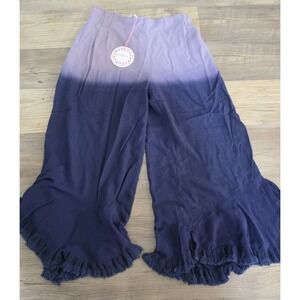 Umgee Purple Ombre Dip Dye Wide Leg Boho Ruffle Hem Capri Pants Linen Blend S